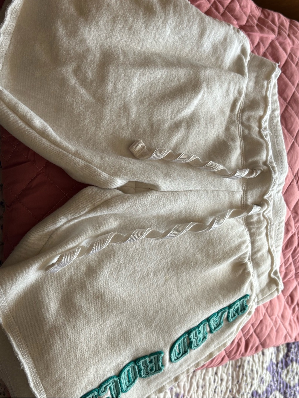 White Drawstring Shorts with Teal Embroidered Accent